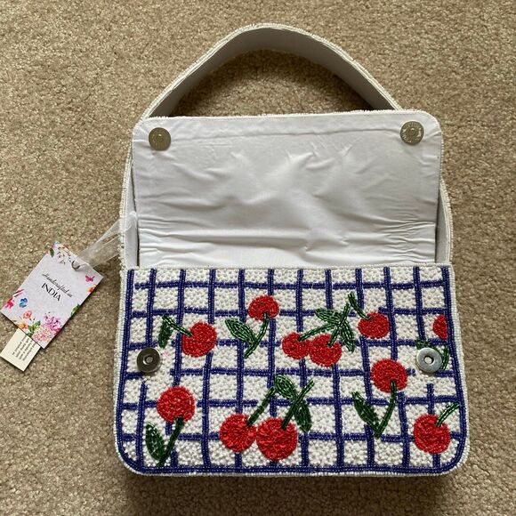 Viral Cherry Beaded Shoulder Bag NWT Navy White Red Green Summer Purse Vacation - Picture 4 of 12